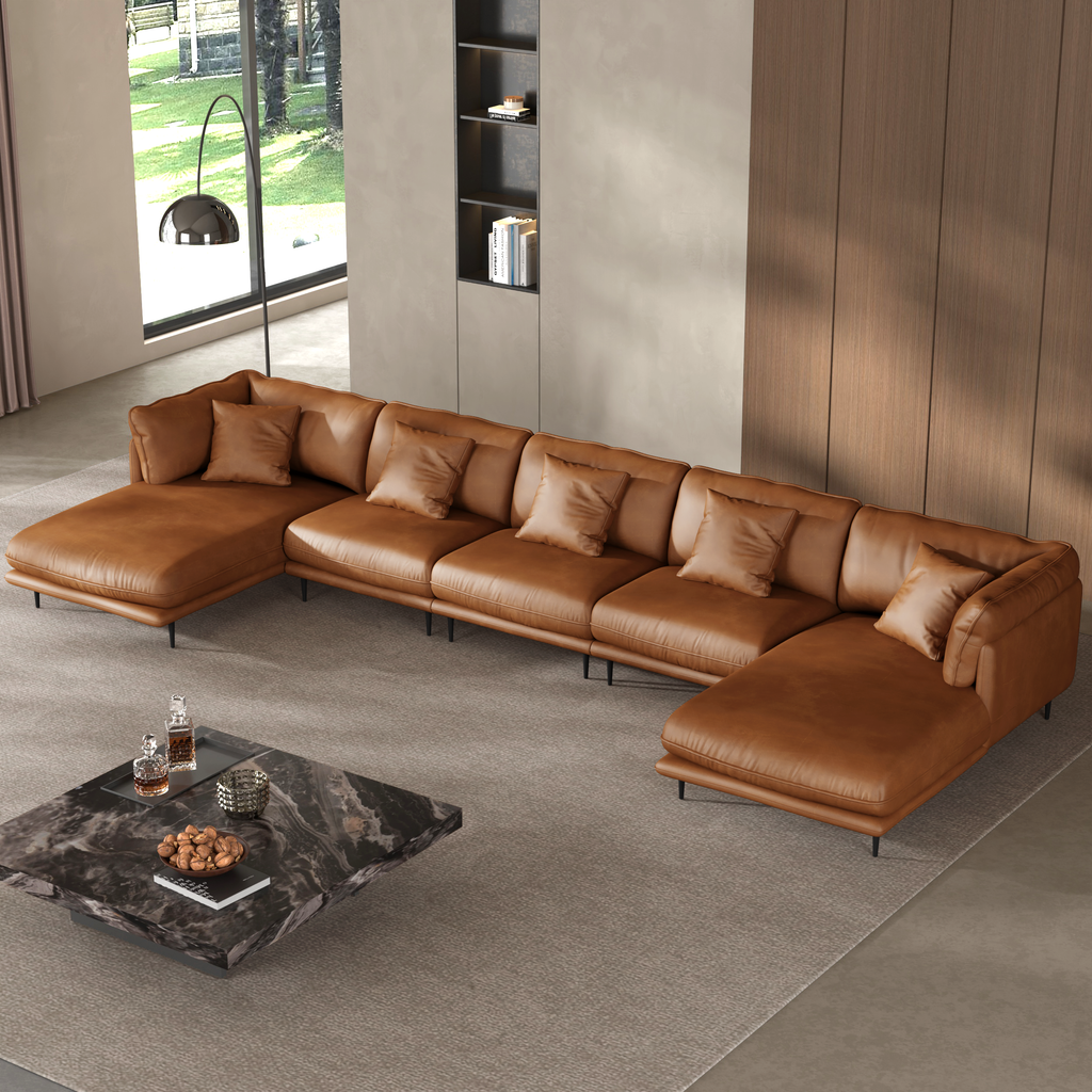 Vanilla Brown Leather U-Shaped Sectional