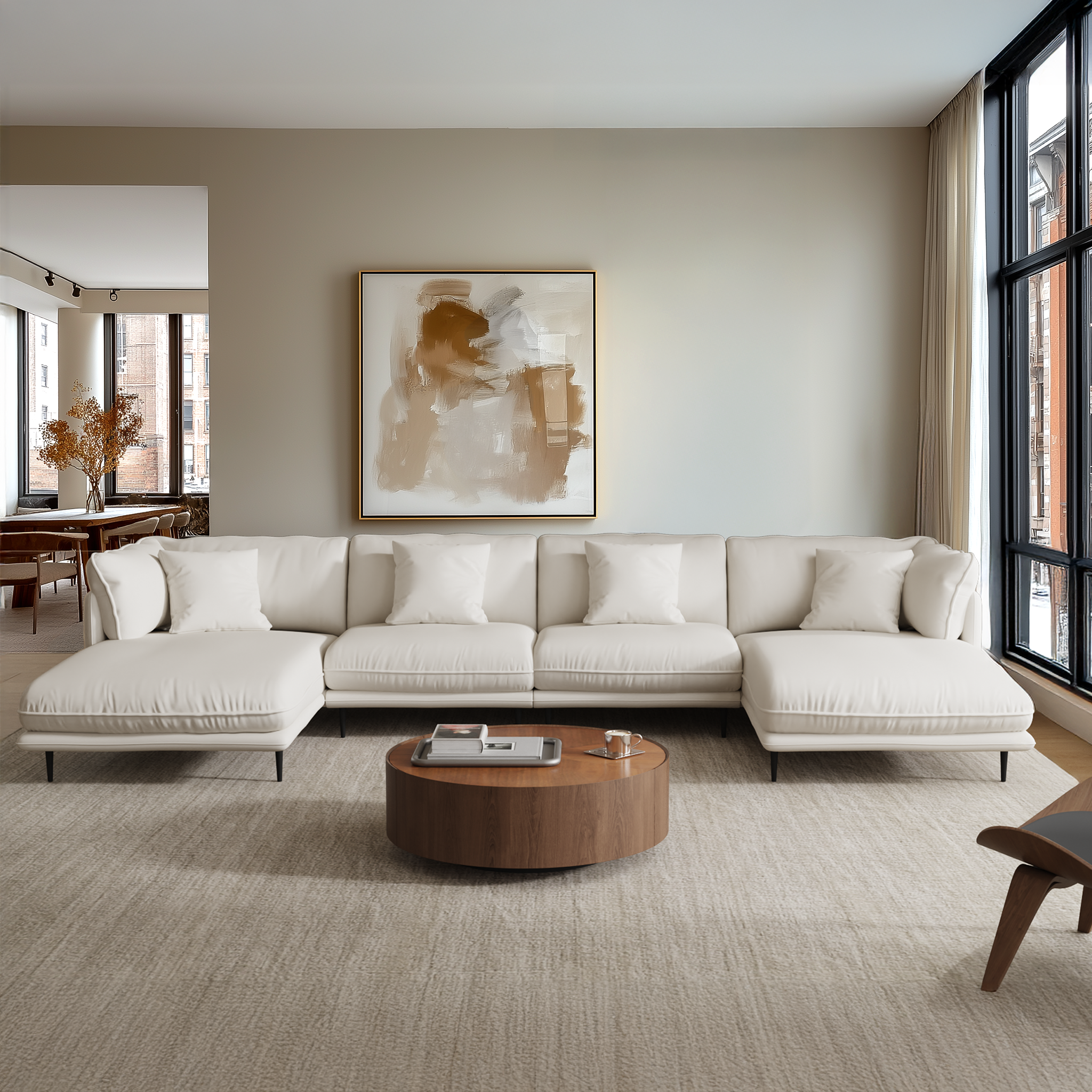 Vanilla Black Leather U-Shaped Sectional