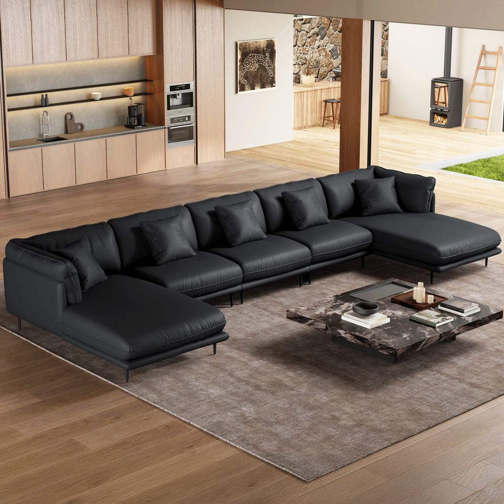 Vanilla Brown Leather U-Shaped Sectional