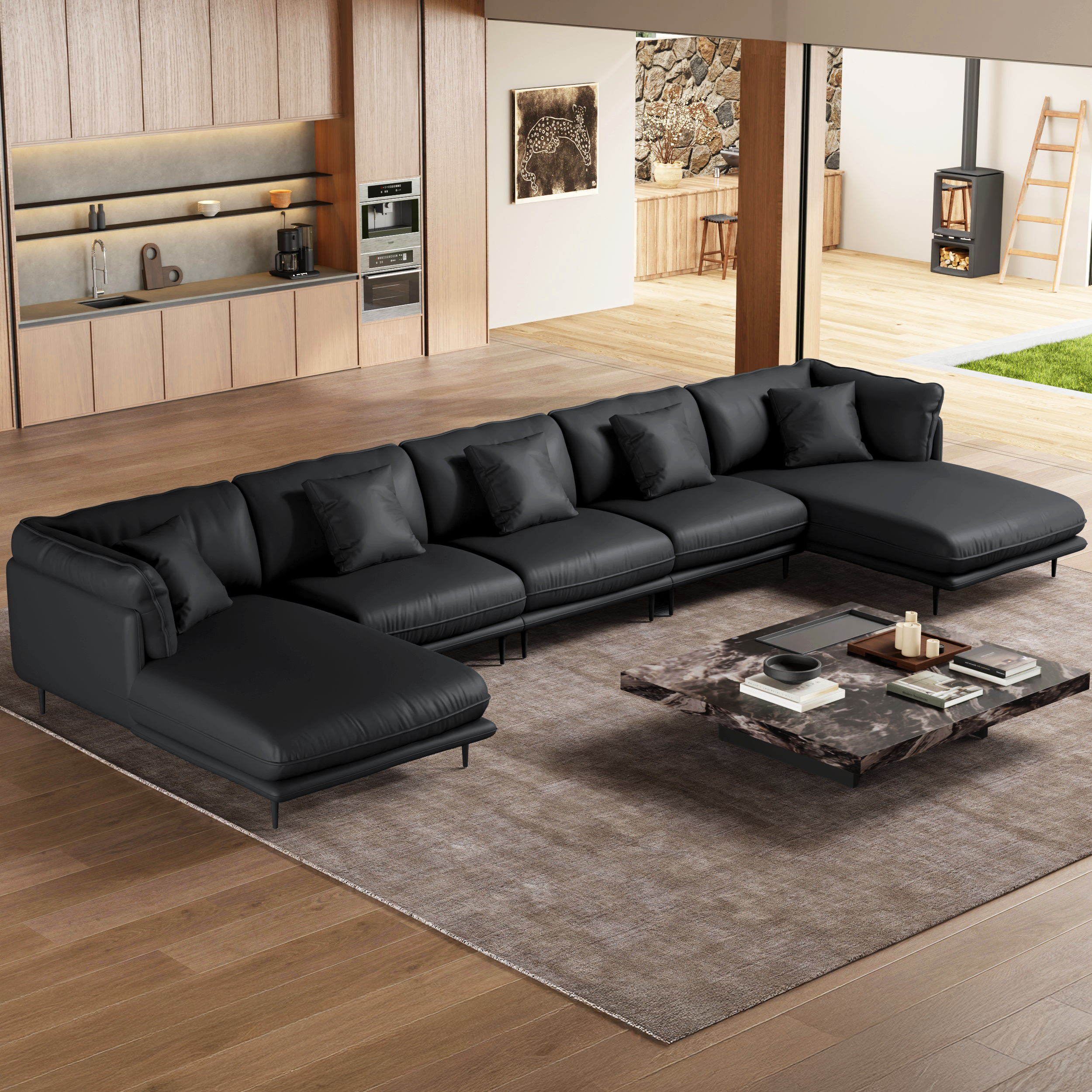 Vanilla Brown Leather U-Shaped Sectional