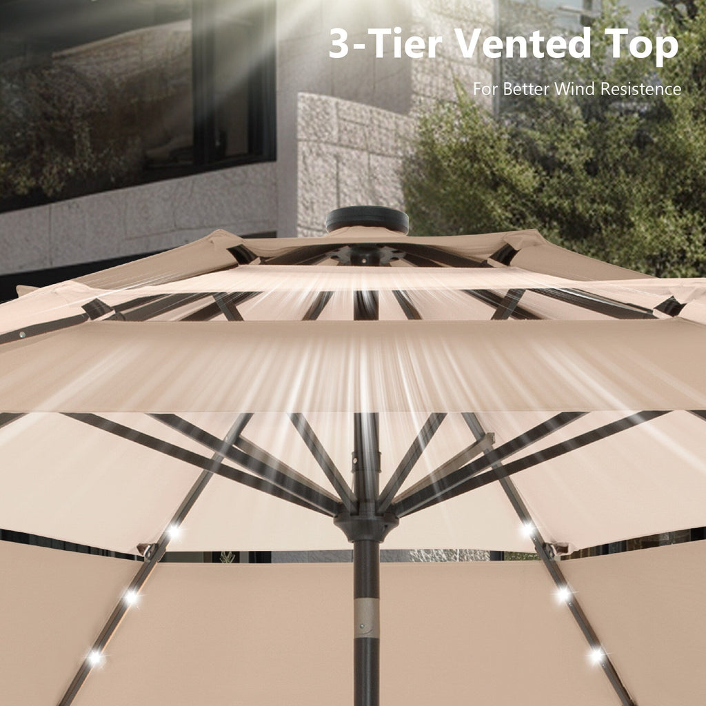 Parasol de terrasse inclinable à 3 niveaux de 10 pieds de MAISON ARTS, parasol d'extérieur à double ventilation avec lumières LED