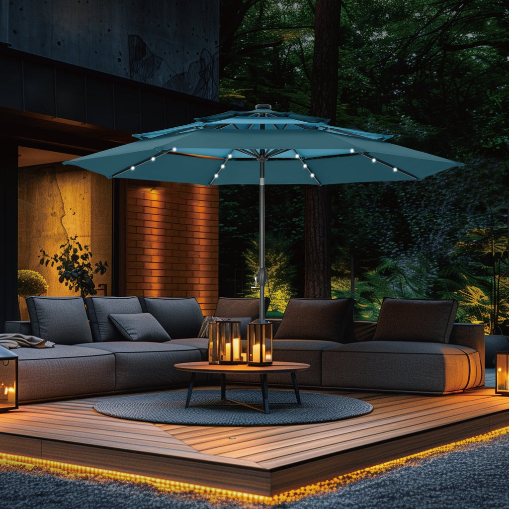 Parasol de terrasse inclinable à 3 niveaux de 10 pieds de MAISON ARTS, parasol d'extérieur à double ventilation avec lumières LED