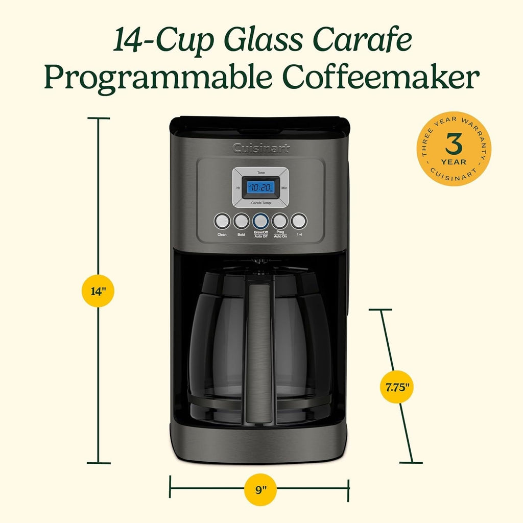 Cafetière programmable 14 tasses, carafe en verre, réglage de l'intensité de l'infusion, réglage de 1 à 4 tasses, acier inoxydable noir