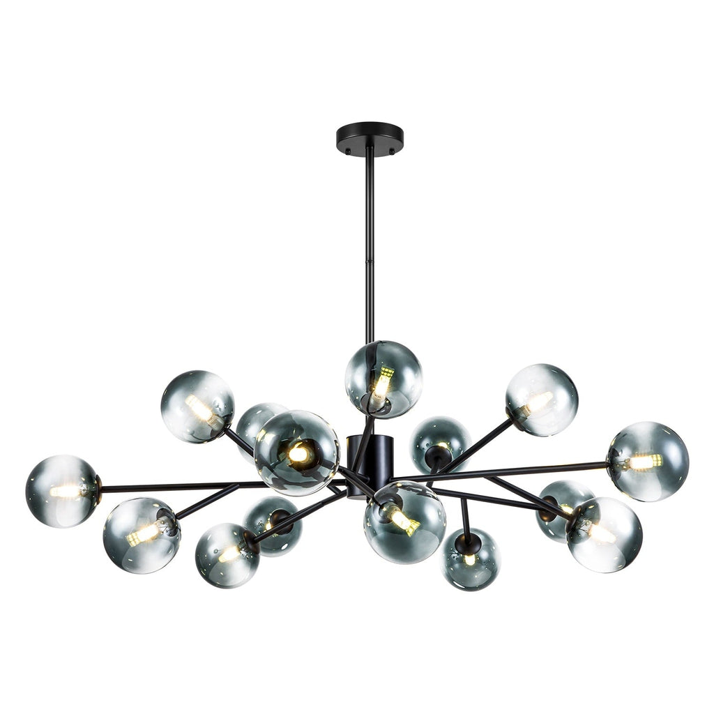 Lustre linéaire moderne à 15 lumières pour îlot de cuisine Sputnik avec branches et globes en verre