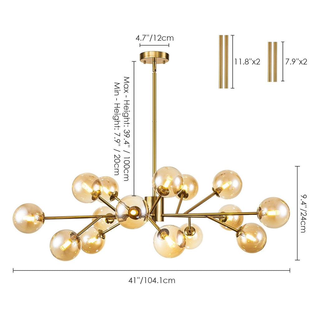 Lustre linéaire moderne à 15 lumières pour îlot de cuisine Sputnik avec branches et globes en verre