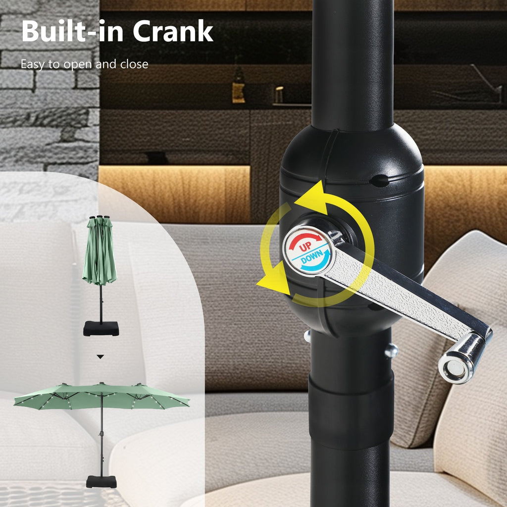 MAISON ARTS Parasol de marché extérieur rectangulaire à manivelle double face de 15 pieds Parasol de patio éclairé par LED solaire avec base incluse