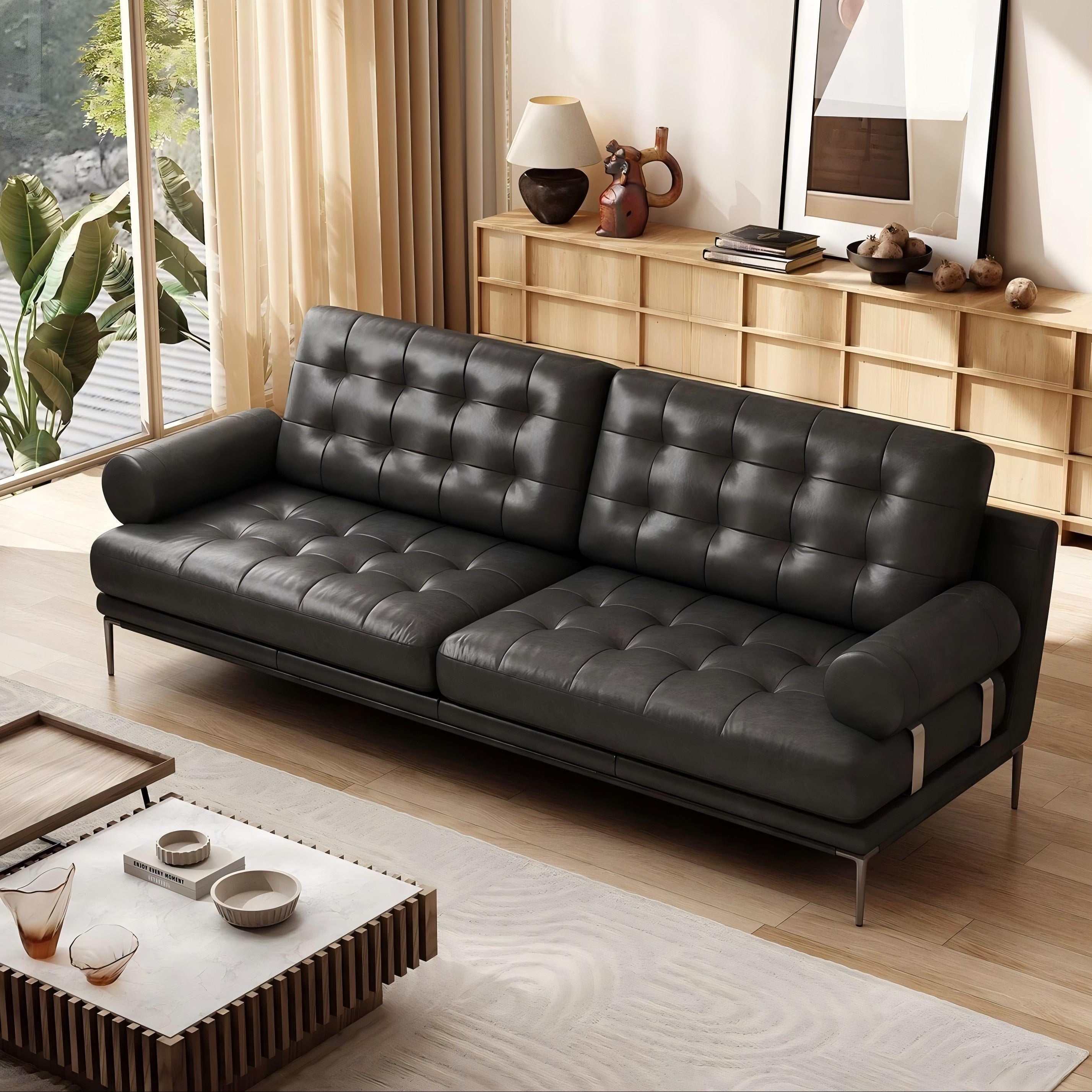 Espresso Tufted Leather Sofa