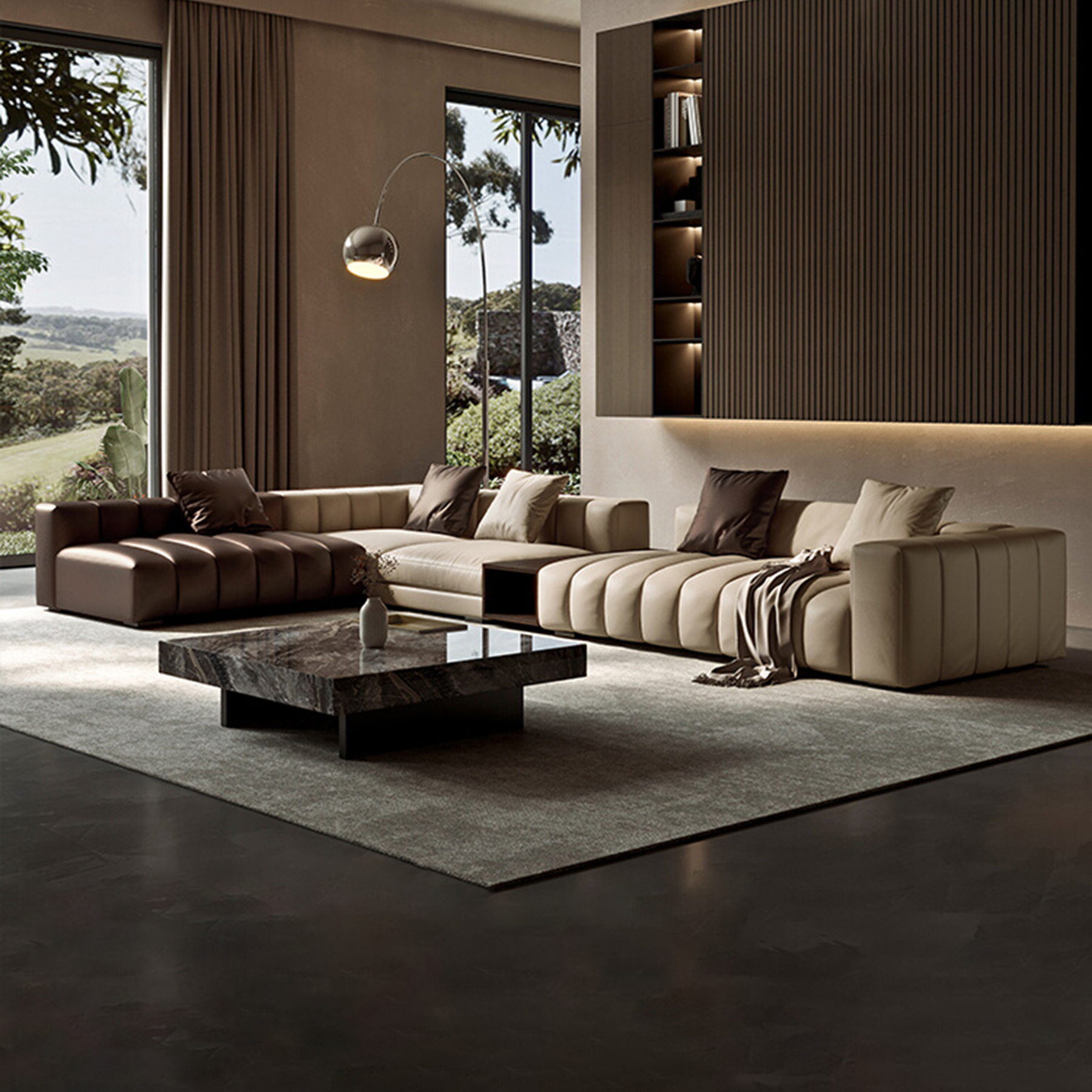 Piano L-Shaped Leather Sectional Sofa with Coffee Table
