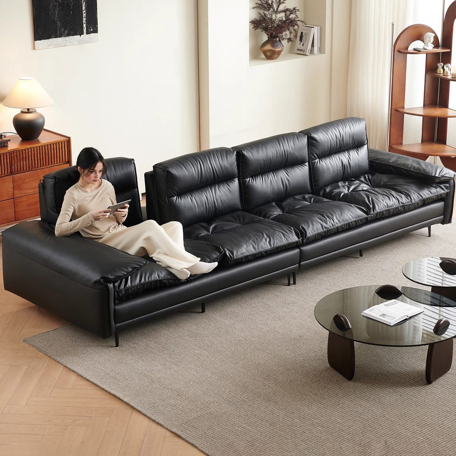 Lewis Adjustable Backrest Ultra-Wide Leather Sofa