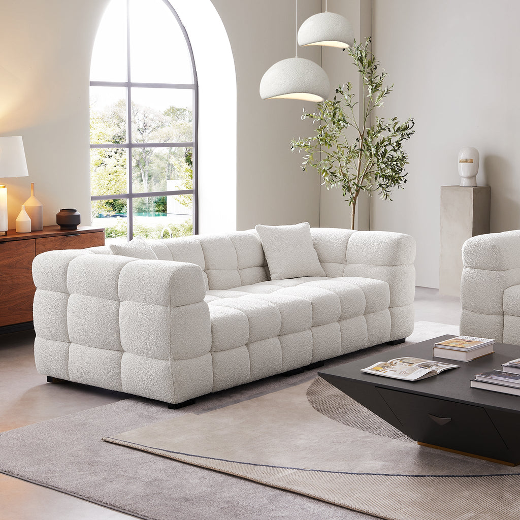 Cushy White Boucle Fabric Tufted Sofa