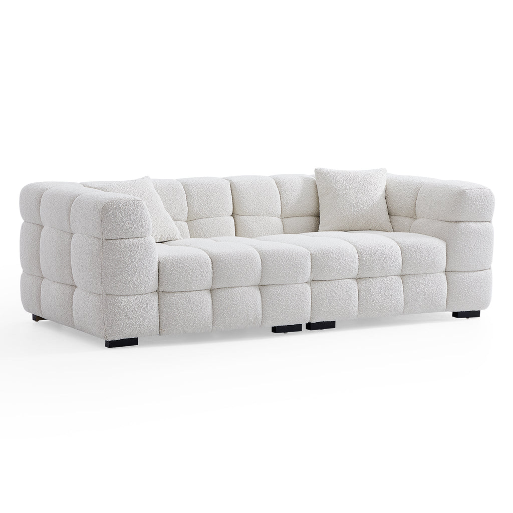 Cushy White Boucle Fabric Tufted Sofa