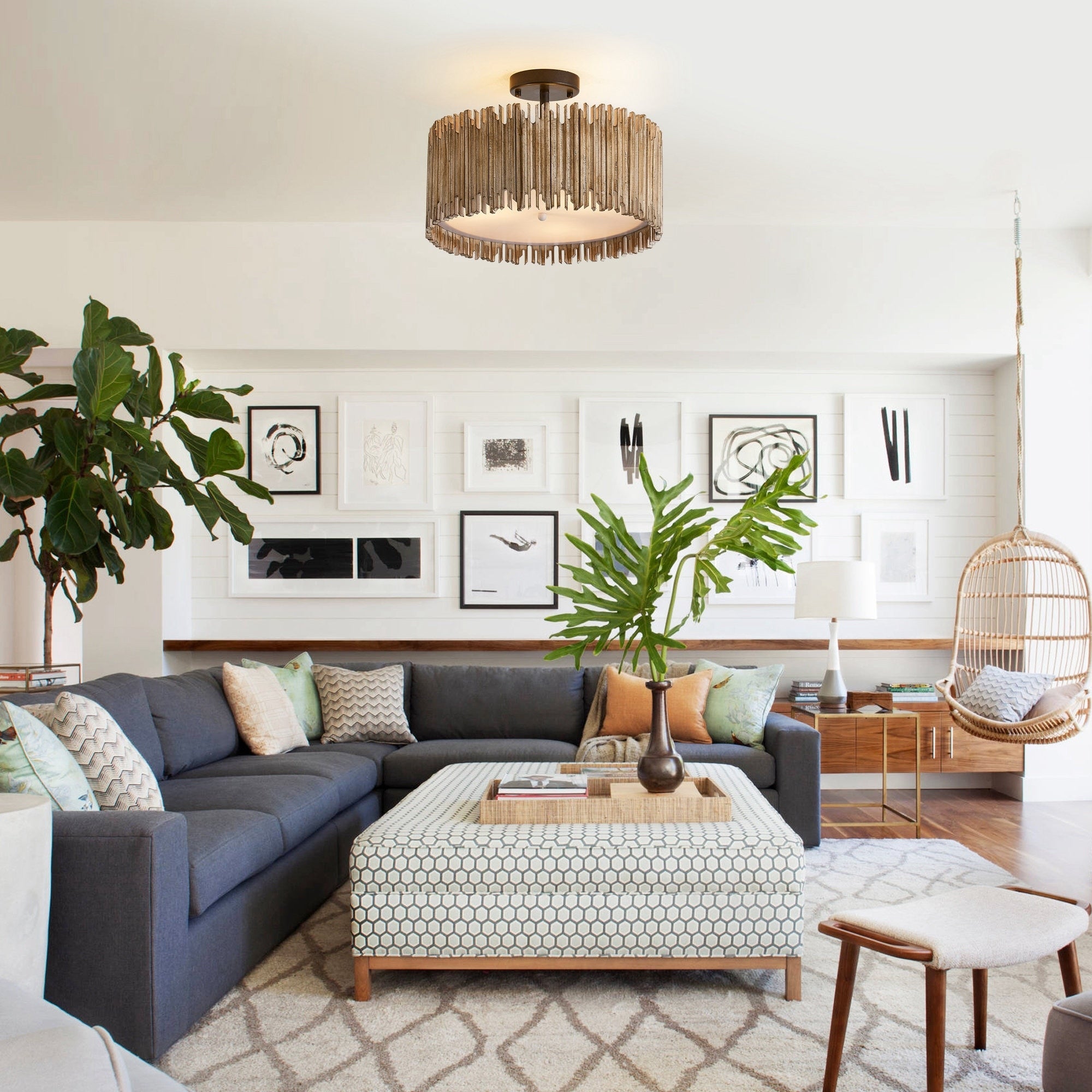 Plafonnier semi-encastré à 3 lumières en bois blanc vieilli