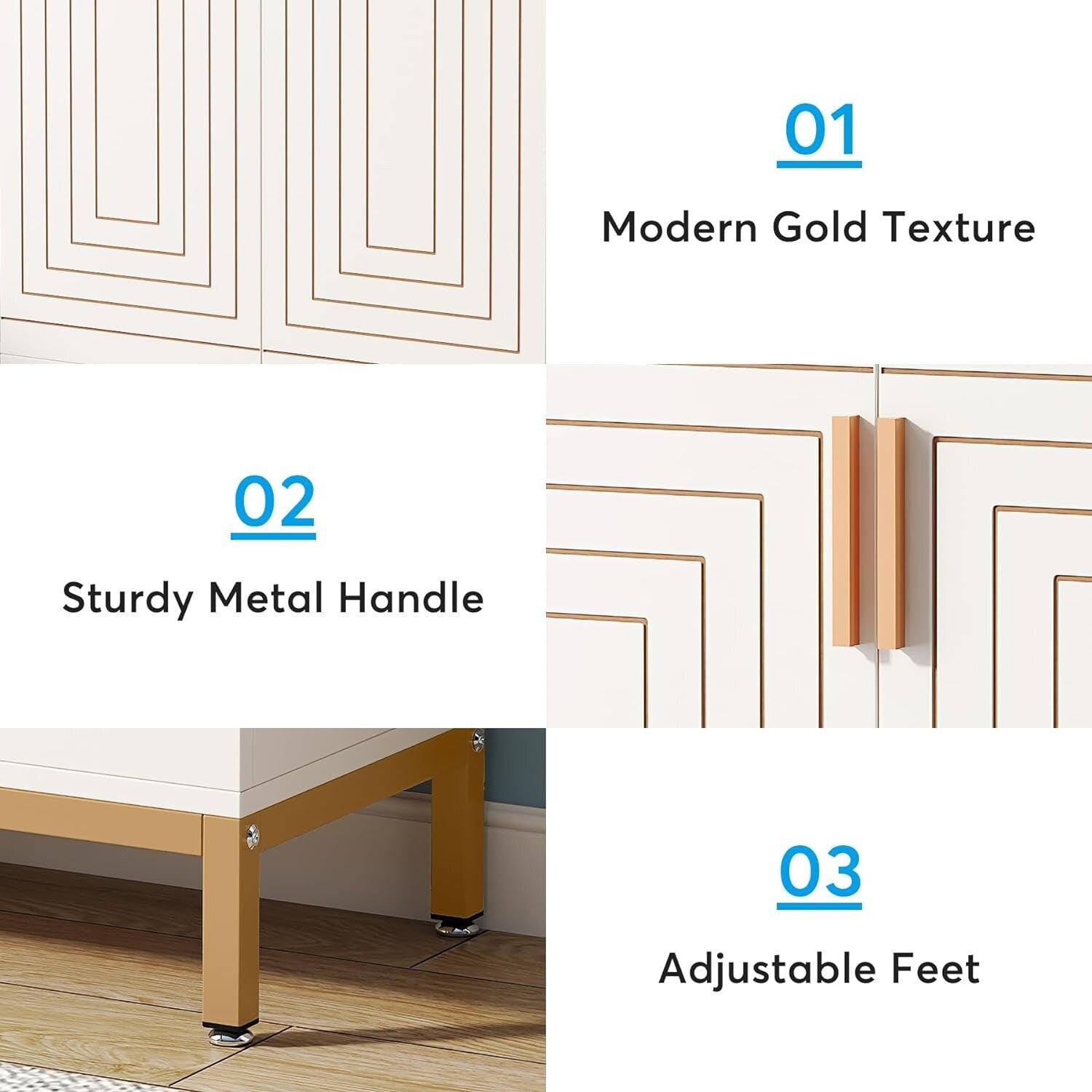 Meuble à chaussures moderne de 95 cm avec portes, blanc et doré, pour 20 paires de chaussures