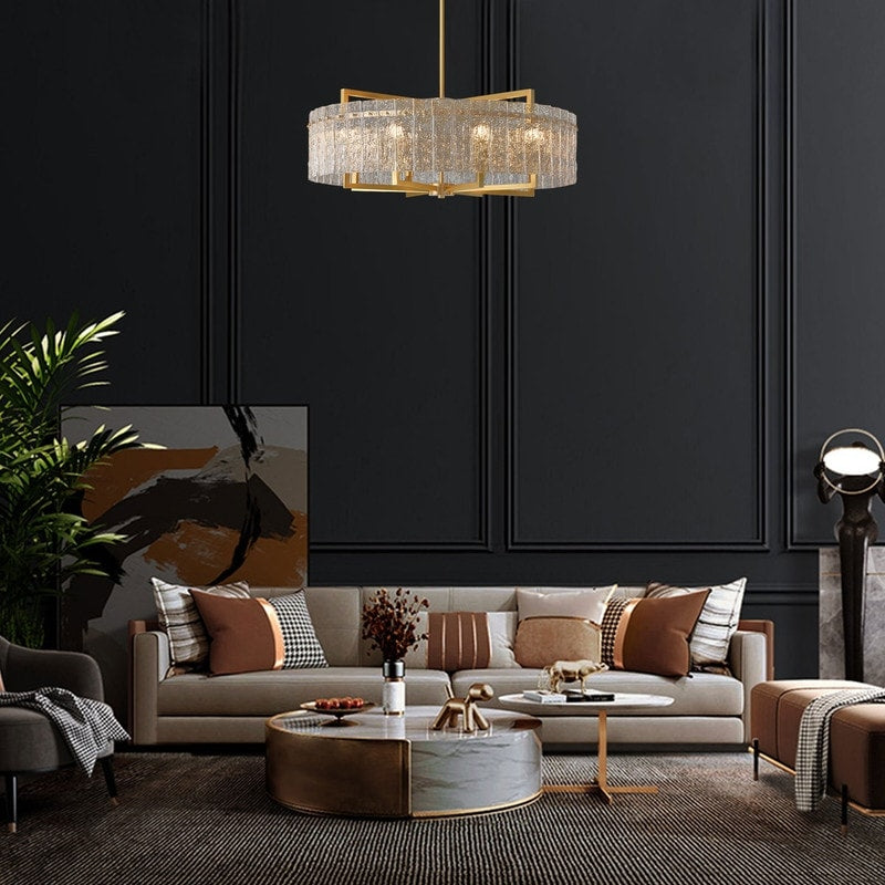 Lustre tambour moderne en cristal doré de 66 cm, 6 lumières, à intensité variable, style glamour, pour îlot de cuisine avec verre dépoli, pour salle à manger