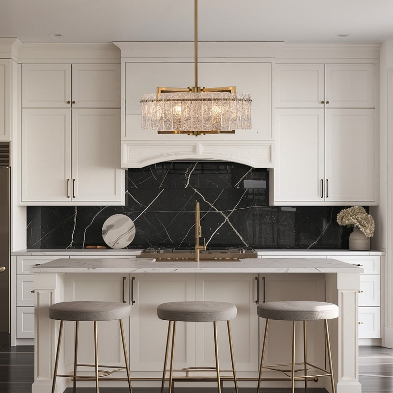 Lustre tambour moderne en cristal doré de 66 cm, 6 lumières, à intensité variable, style glamour, pour îlot de cuisine avec verre dépoli, pour salle à manger