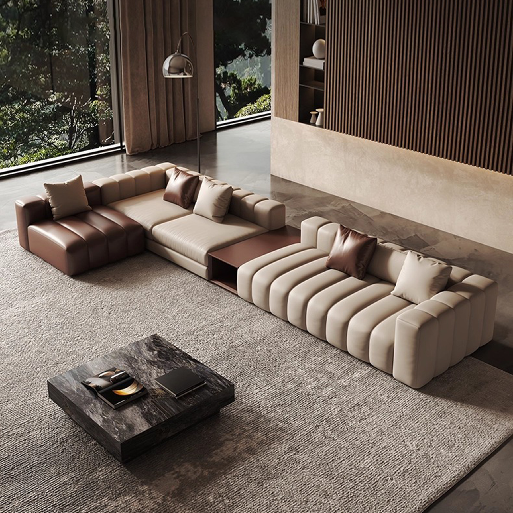 Piano L-Shaped Leather Sectional Sofa with Coffee Table