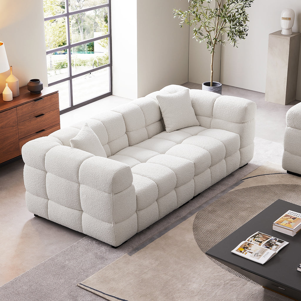 Cushy White Boucle Fabric Tufted Sofa