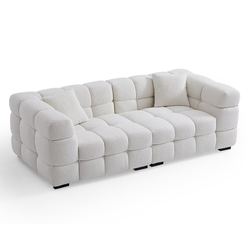Cushy White Boucle Fabric Tufted Sofa