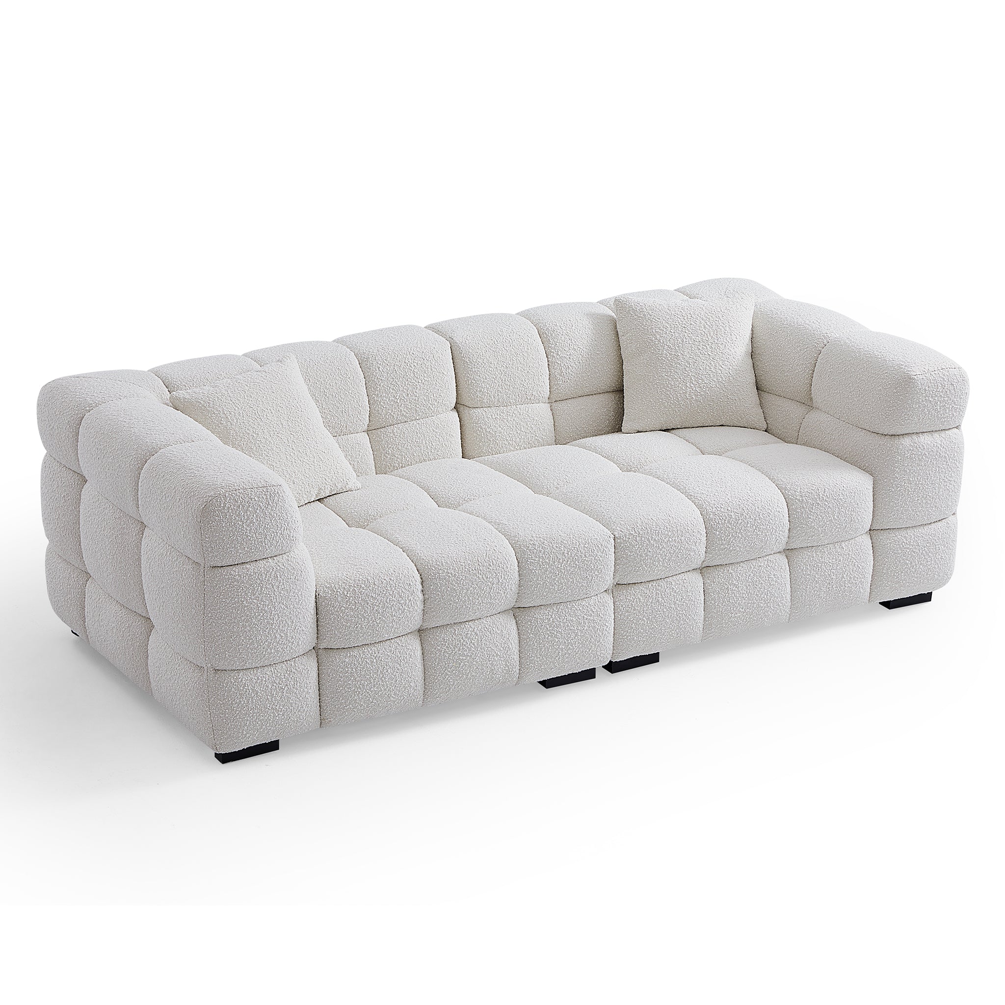 Cushy White Boucle Fabric Tufted Sofa