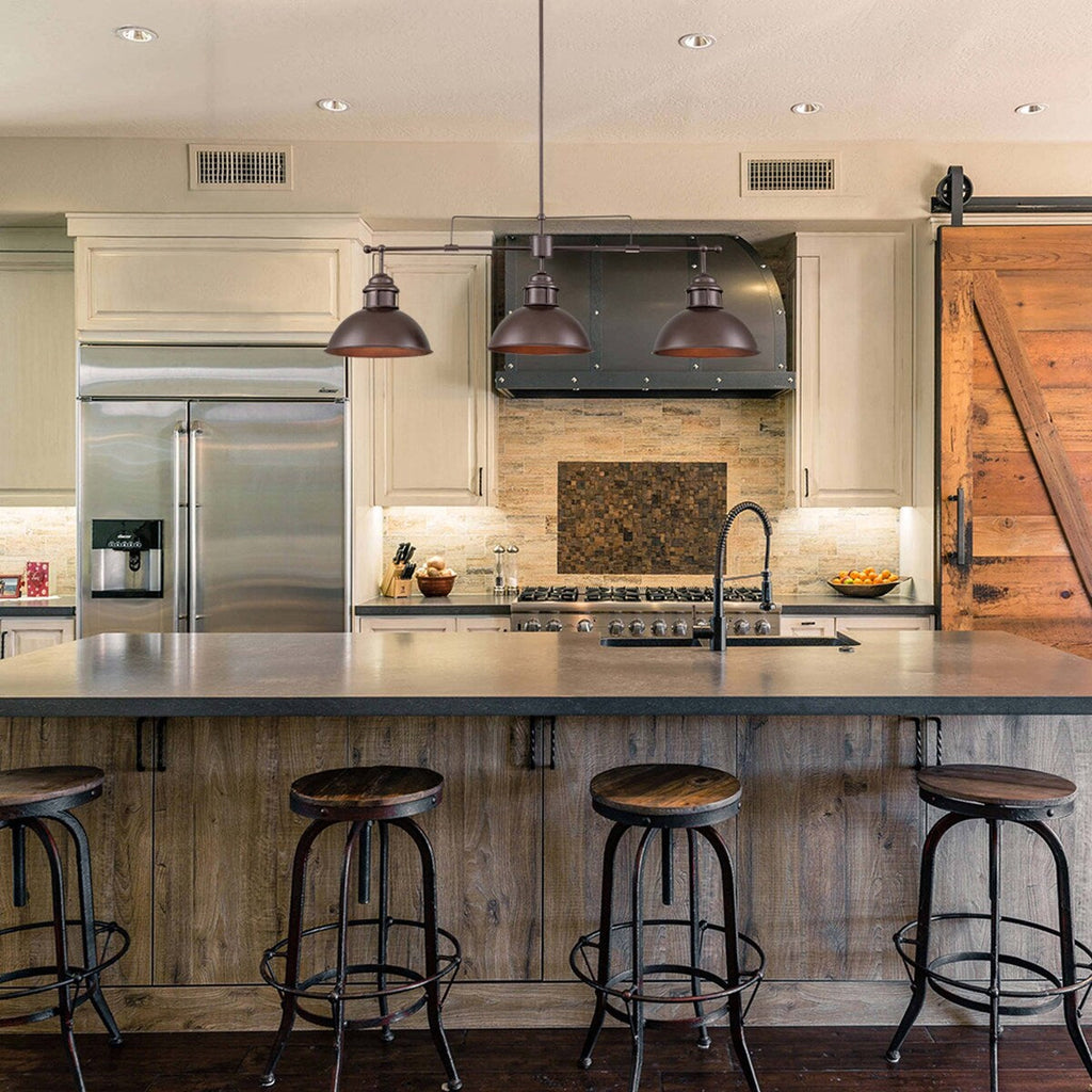 Suspension en forme de dôme de style industriel à 3 lampes, style ferme, en métal, pour îlot de cuisine linéaire, finition bronze huilé