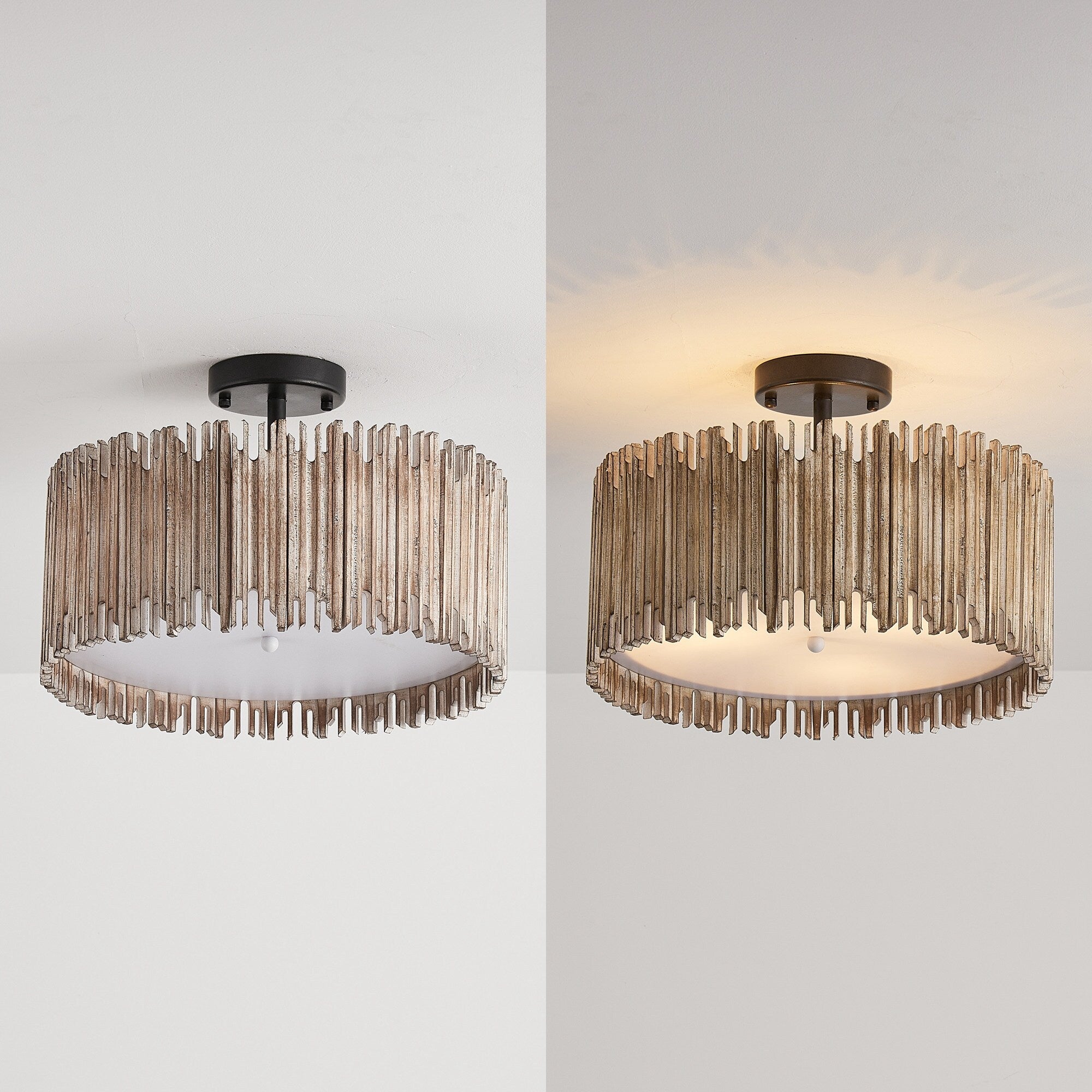 Plafonnier semi-encastré à 3 lumières en bois blanc vieilli