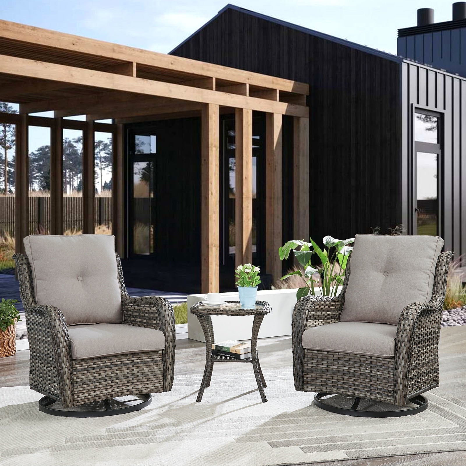 Fauteuil à bascule pivotant d'extérieur Gymojoy 3 pièces en osier avec coussin et table