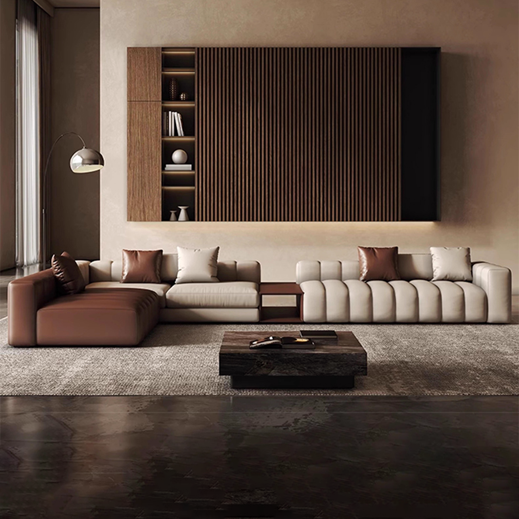 Piano L-Shaped Leather Sectional Sofa with Coffee Table