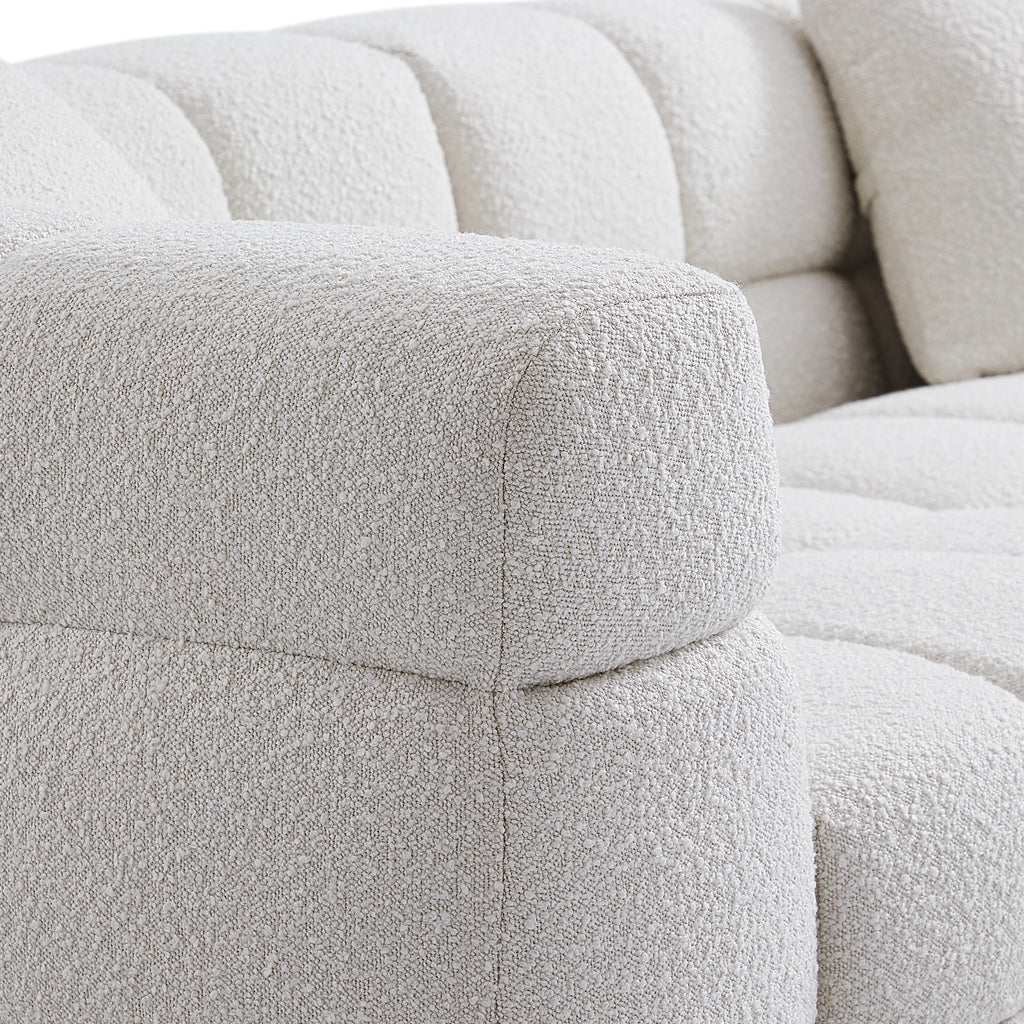 Cushy White Boucle Fabric Tufted Sofa