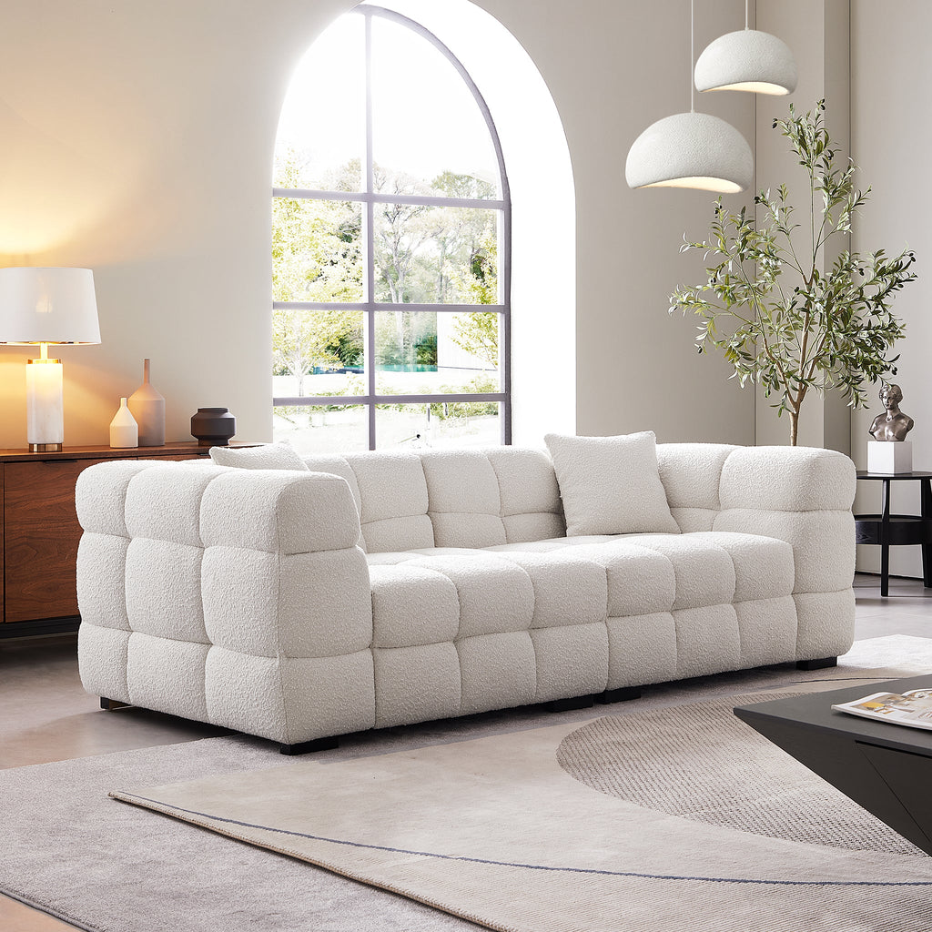 Cushy White Boucle Fabric Tufted Sofa