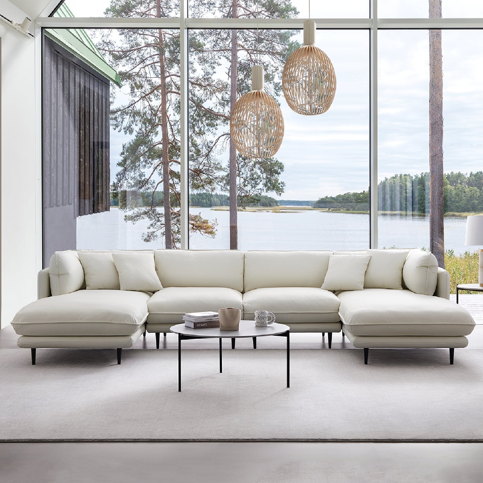 Vanilla Black Leather U-Shaped Sectional