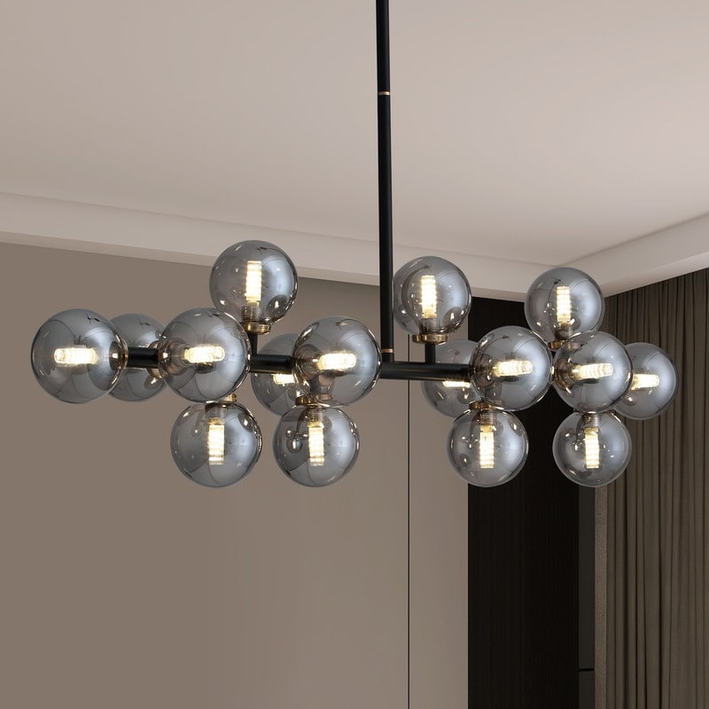 Lustre linéaire moderne du milieu du siècle de 40 po, suspension Spoutnik à 16 ampoules en laiton doré avec globe en verre dépoli pour salle à manger