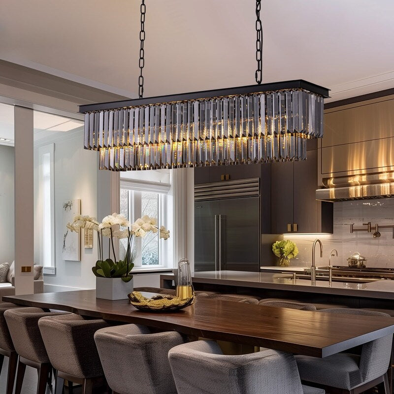 Lustre contemporain en cristal gris fumé et noir de 47 po, luminaire suspendu linéaire à deux niveaux pour îlot de cuisine et salle à manger