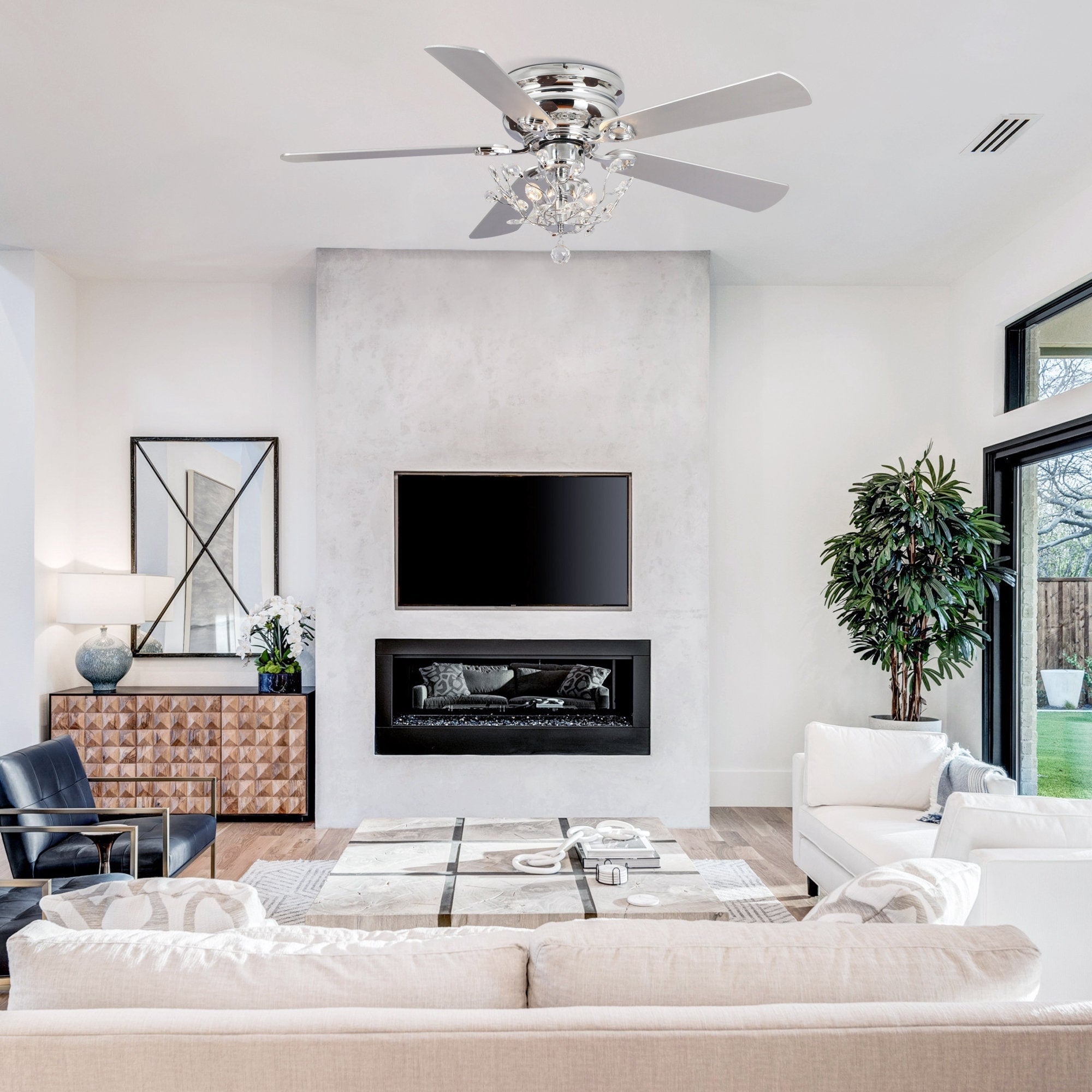 Ventilateur de plafond encastré moderne réversible à 5 pales en cristal avec télécommande