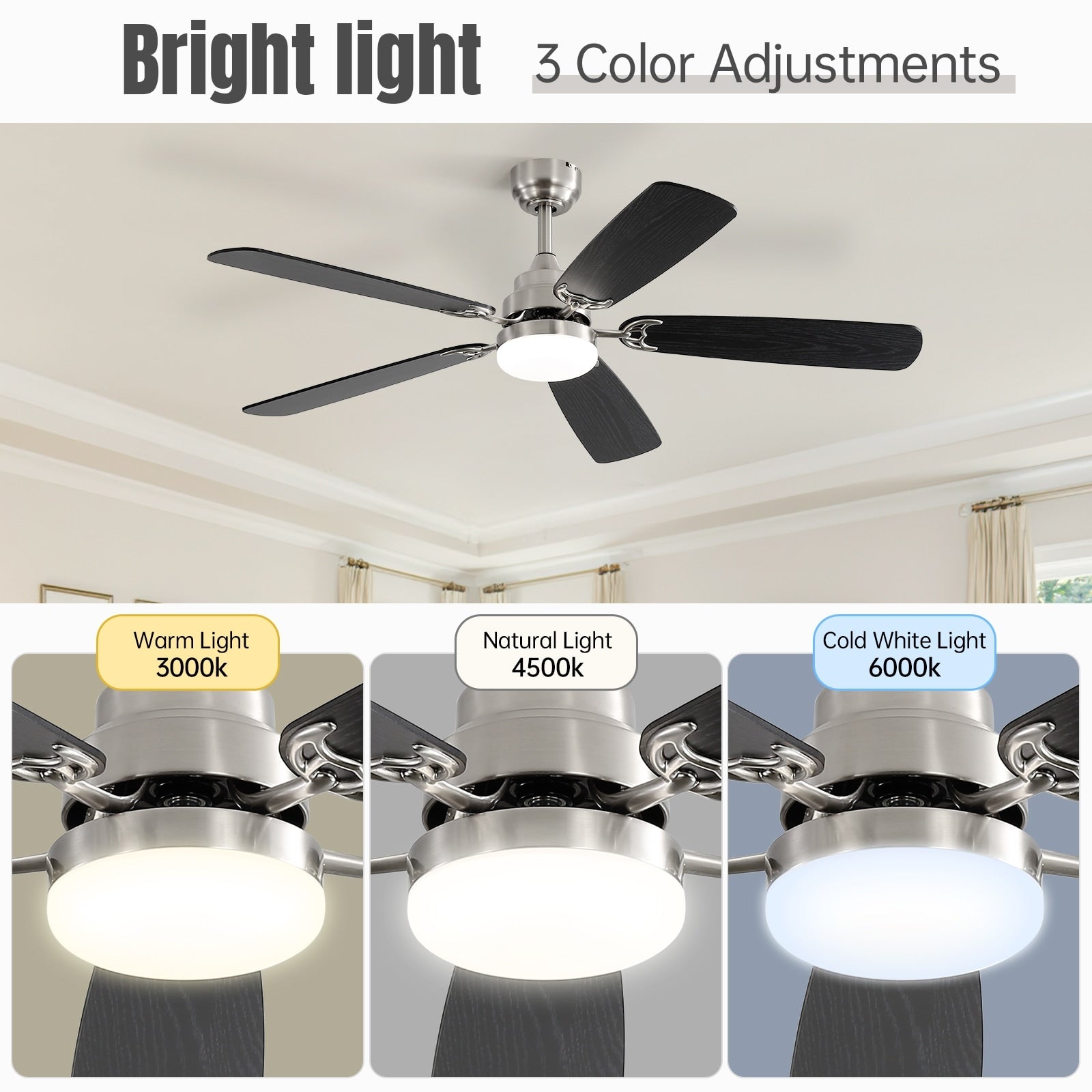 Ventilateur de plafond à LED intégré 48 et 52 pouces avec lumière et télécommande, moteur CC réversible