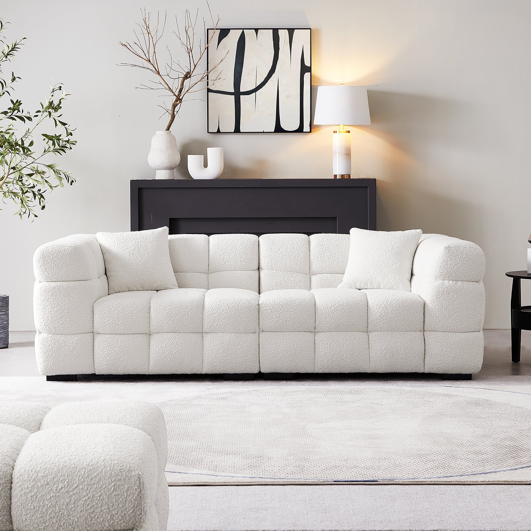 Cushy White Boucle Fabric Tufted Sofa