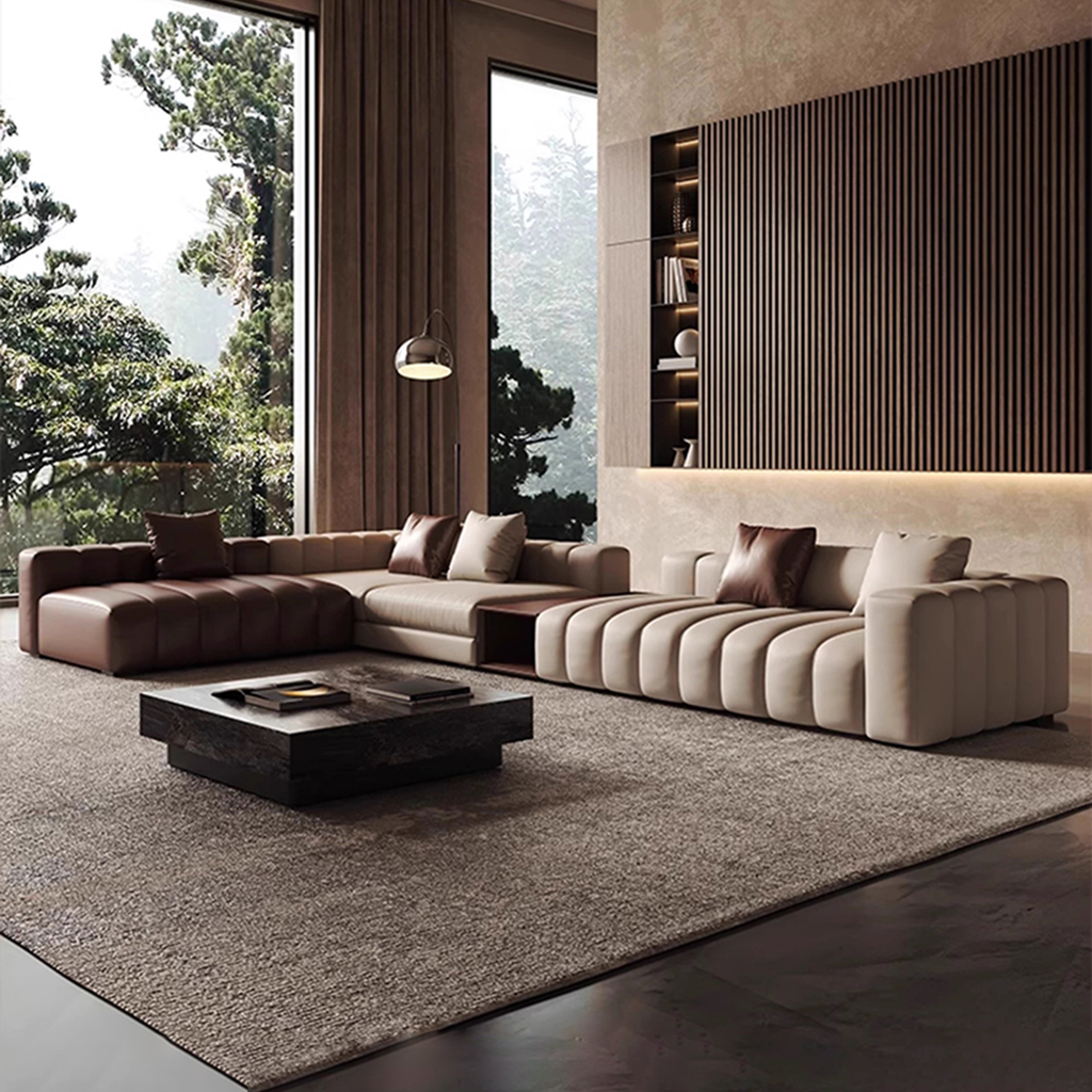 Piano L-Shaped Leather Sectional Sofa with Coffee Table