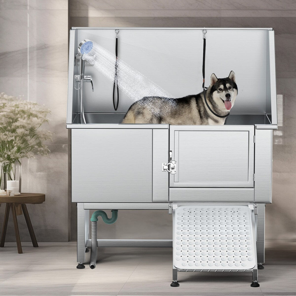 Baignoire de toilettage réglable en acier inoxydable de 50 po de largeur avec rampe - Argent