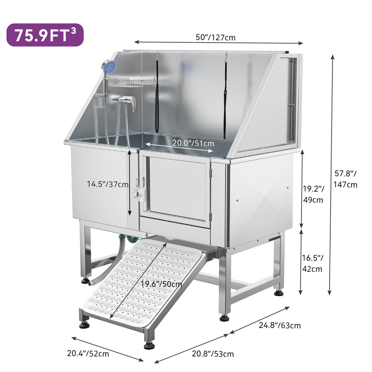 Baignoire de toilettage réglable en acier inoxydable de 50 po de largeur avec rampe et marches