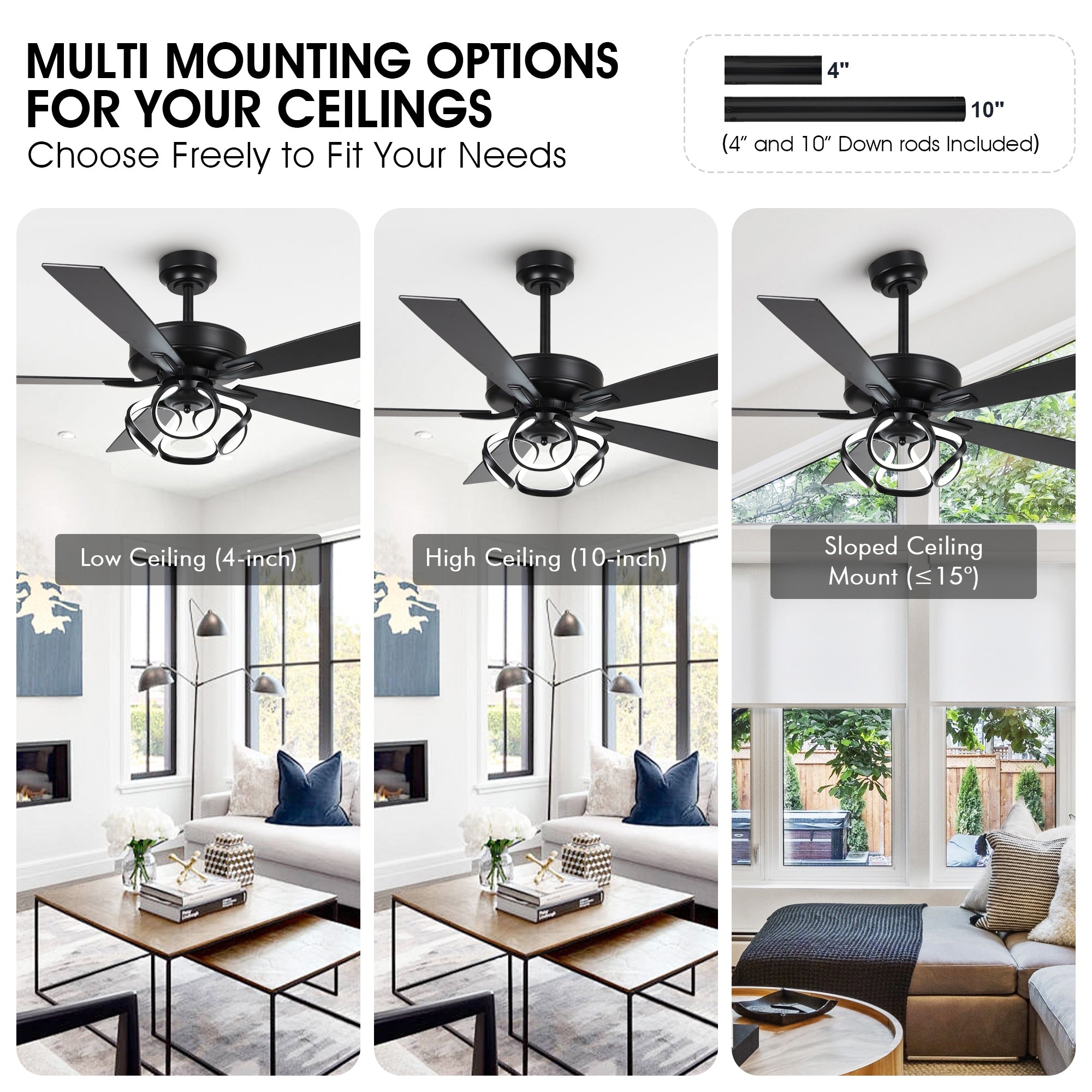 Ventilateur de plafond LED d'intérieur moderne chromé/noir à intensité variable avec lumière et télécommande