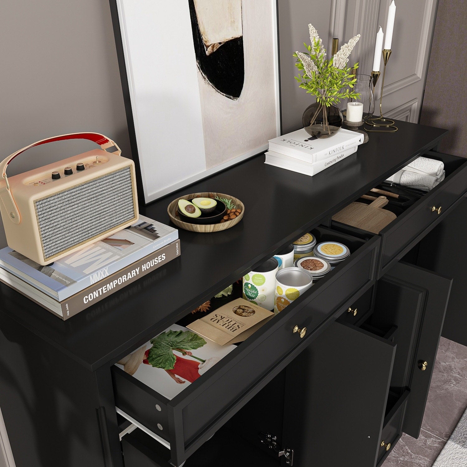 Buffet blanc laqué de 59,1 pouces, style contemporain et moderne du milieu du siècle