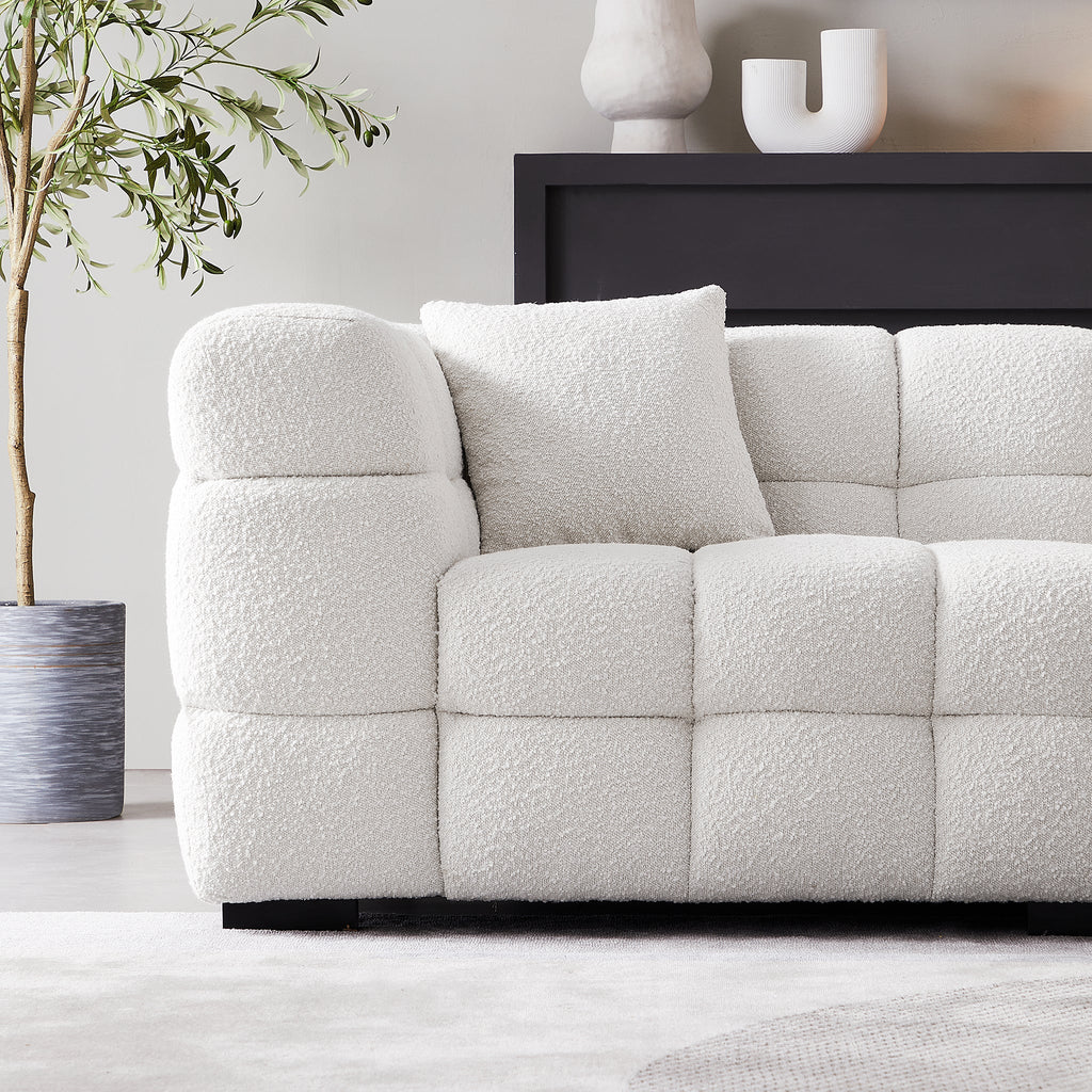 Cushy White Boucle Fabric Tufted Sofa