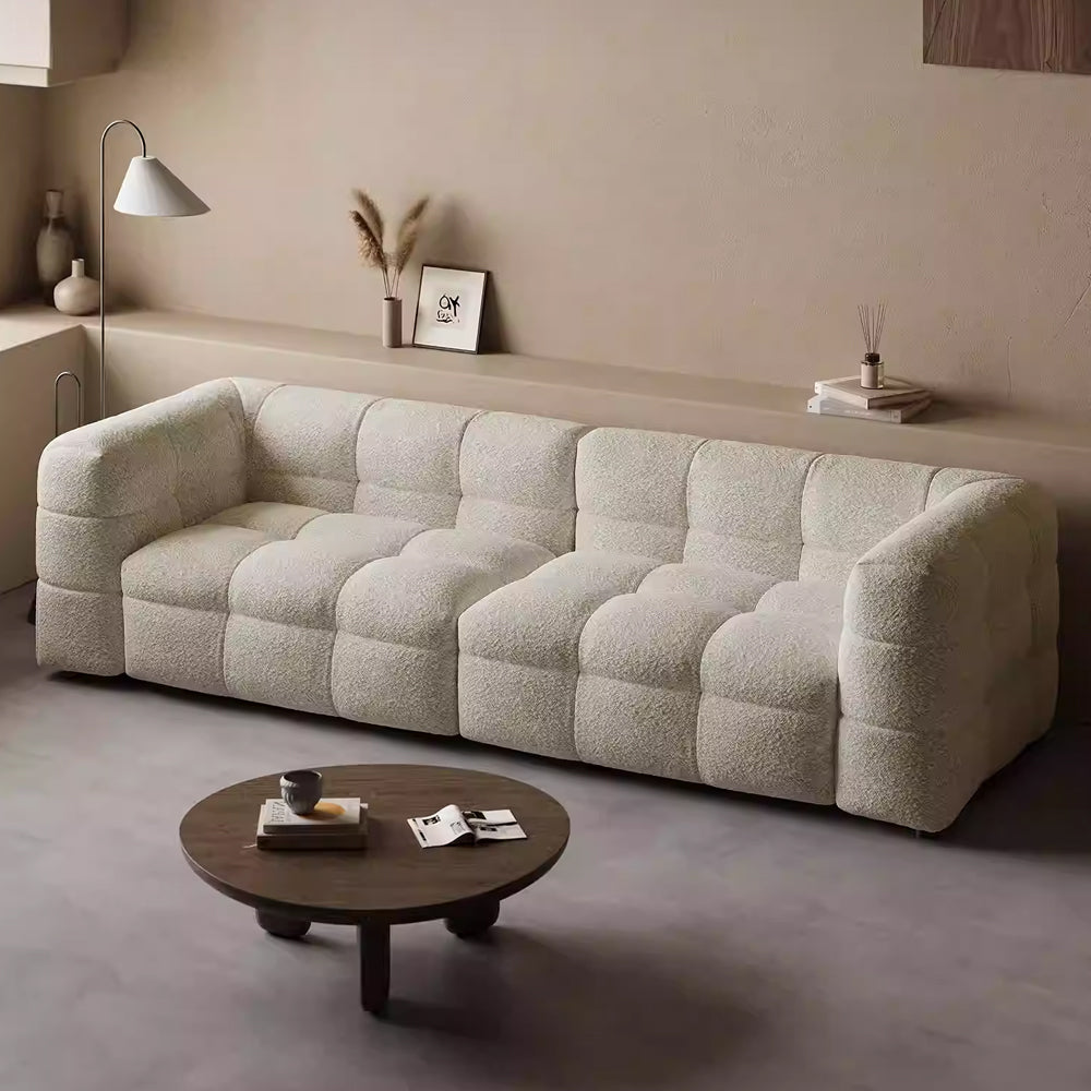 Cushy White Boucle Fabric Tufted Sofa
