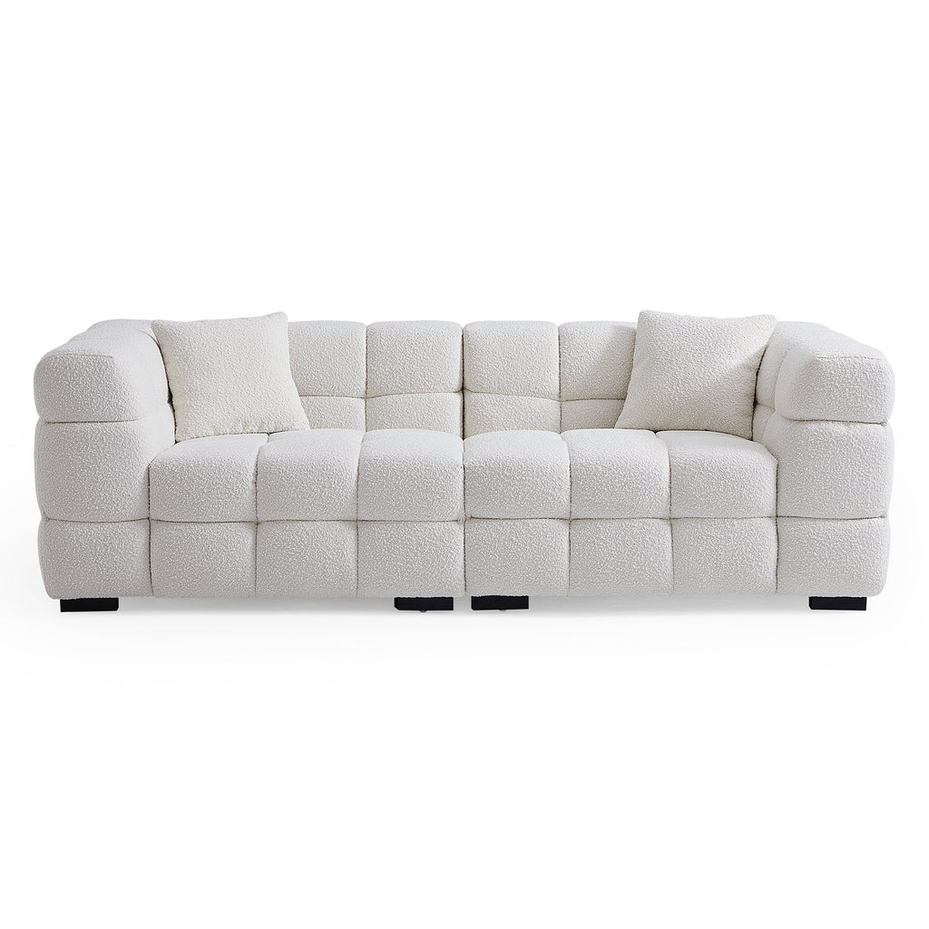 Cushy White Boucle Fabric Tufted Sofa