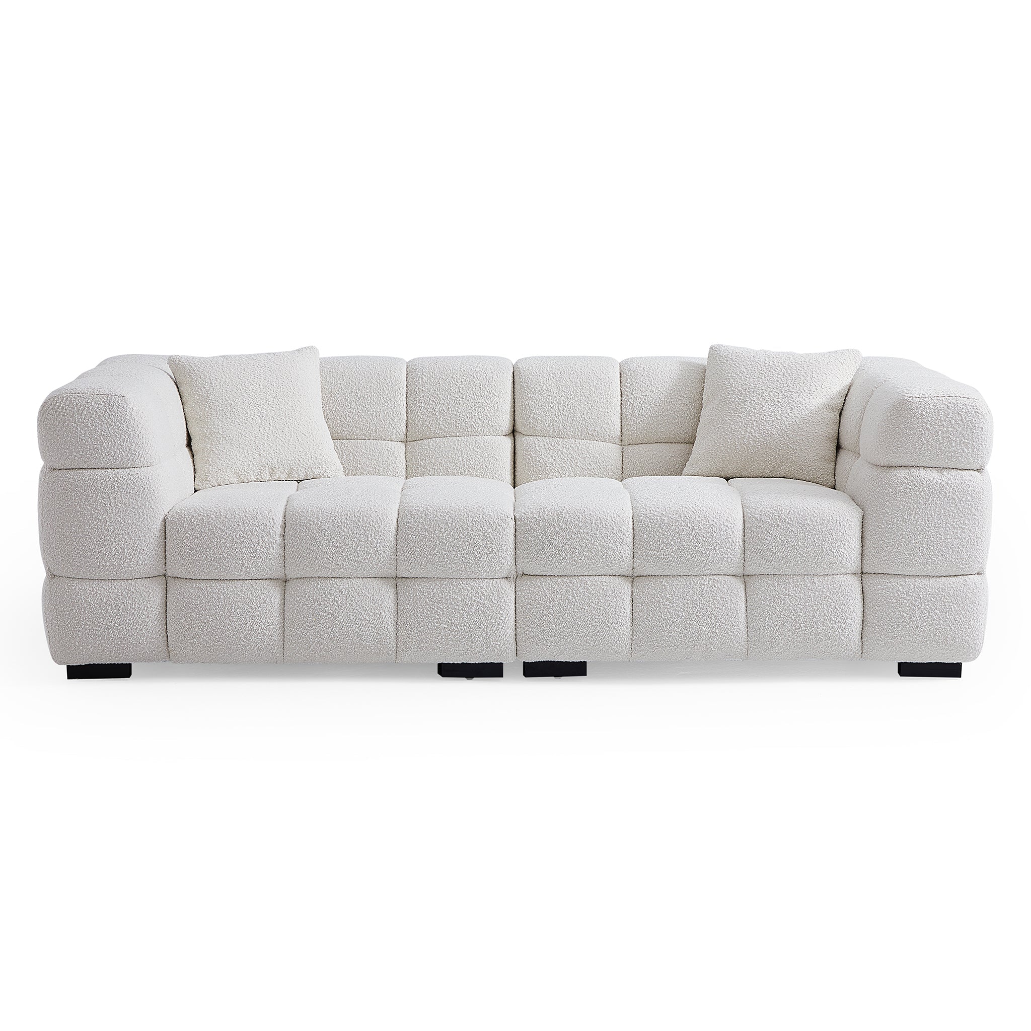 Cushy White Boucle Fabric Tufted Sofa