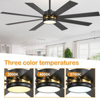 Ventilateur de plafond LED noir à 8 pales de 65 pouces avec éclairage et télécommande