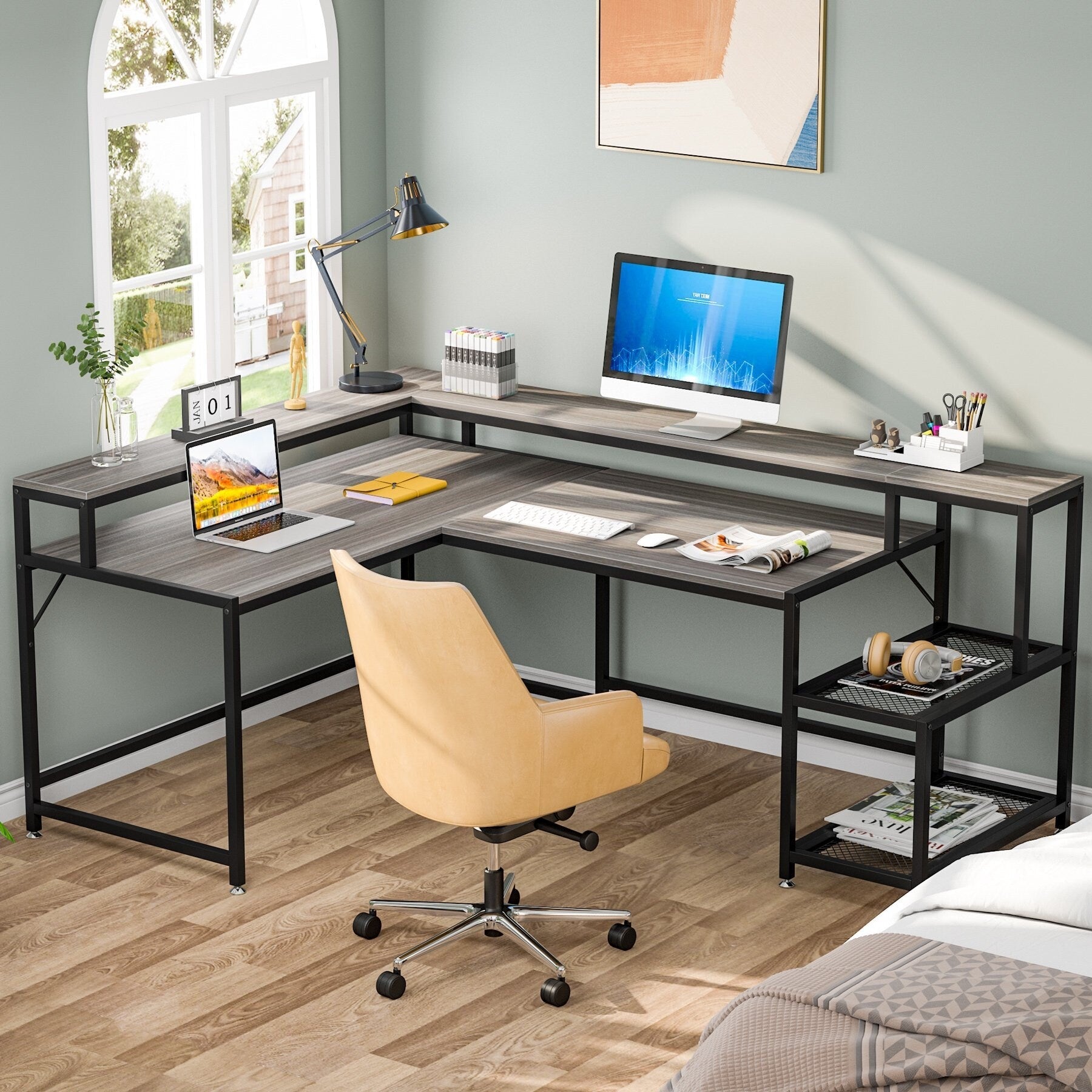 Bureau en L avec étagère pour écran, bureau d'angle réversible pour bureau à domicile 69