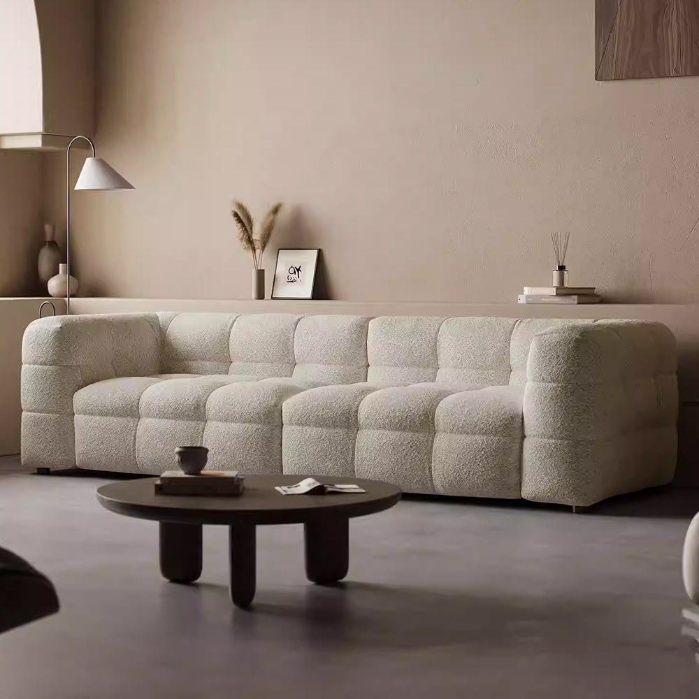 Cushy White Boucle Fabric Tufted Sofa