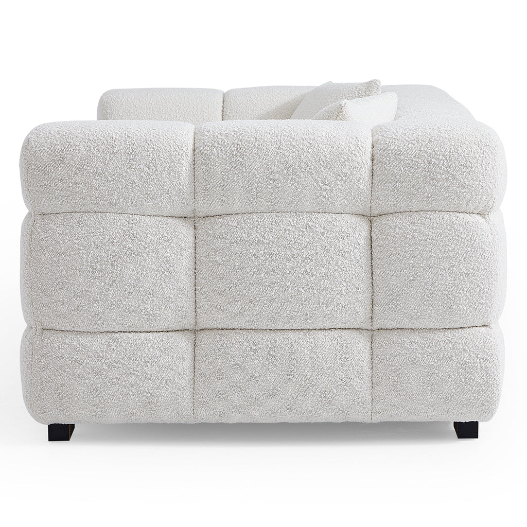 Cushy White Boucle Fabric Tufted Sofa