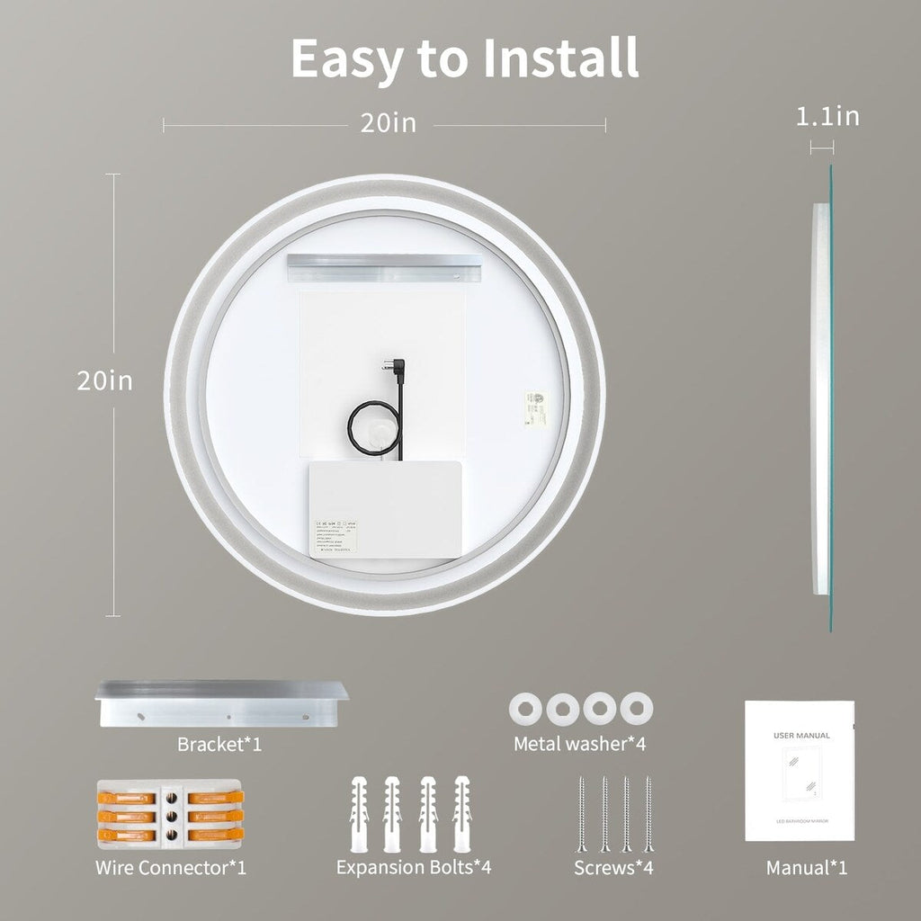 Miroir de courtoisie rond sans cadre, antibuée, éclairé par LED et à intensité variable