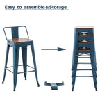 Lot de 4 tabourets de bar industriels en métal avec dossier et assise en bois